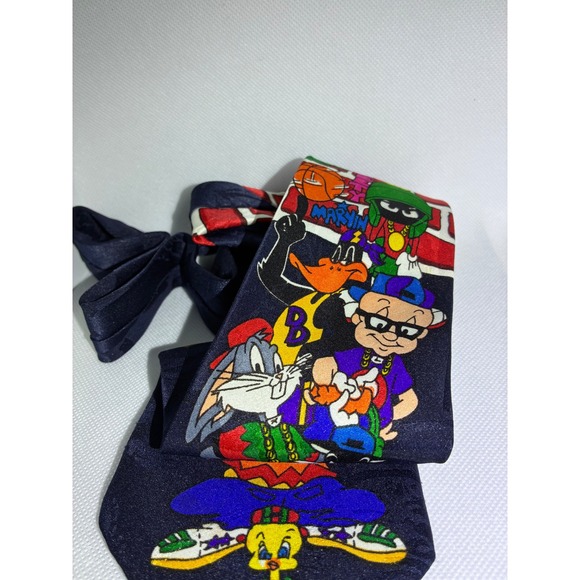 Vintage Looney Tunes Posse Tie Mens Navy Blue Hip Hop Taz Bugs Bunny 90s Retro - Picture 7 of 9